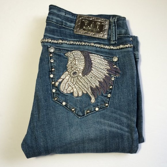 LA Idol USA Womens Jeans Boot Cut Sz 9 Feather Headdress Rhinestones Embellished - Picture 1 of 12